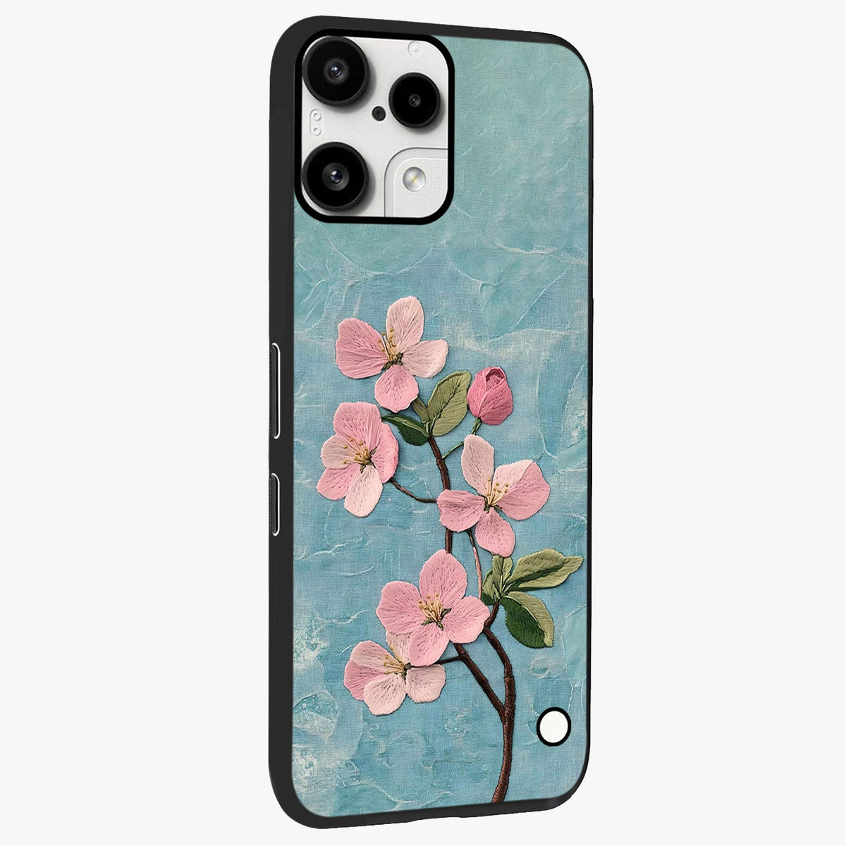 Threaded Blossom Breeze Glass Case upright view showcasing graceful flower artwork with calm botanical theme.