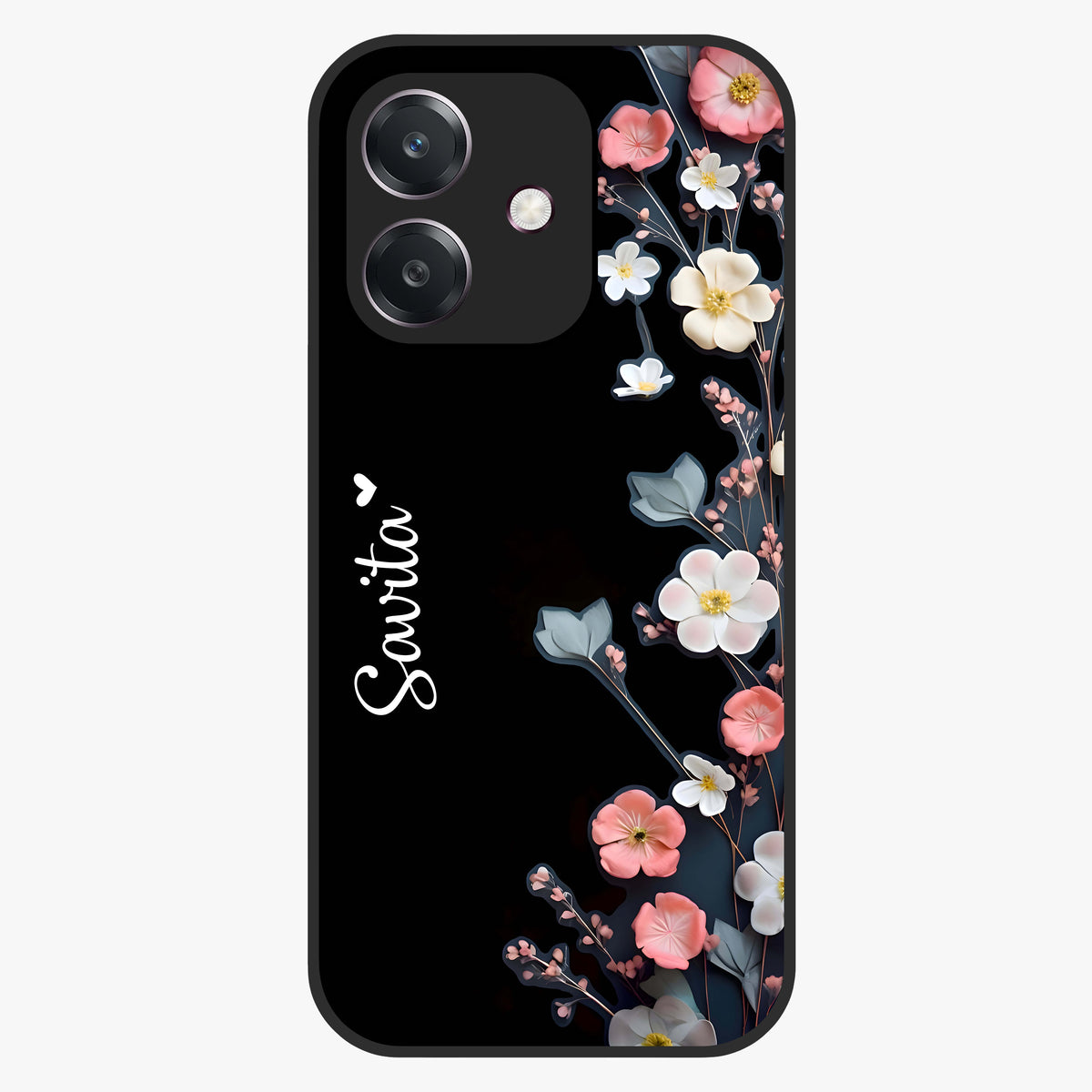 Black Elegance Floral Custom Name Glass Case showing flat back view with elegant floral artwork and personalized name design.