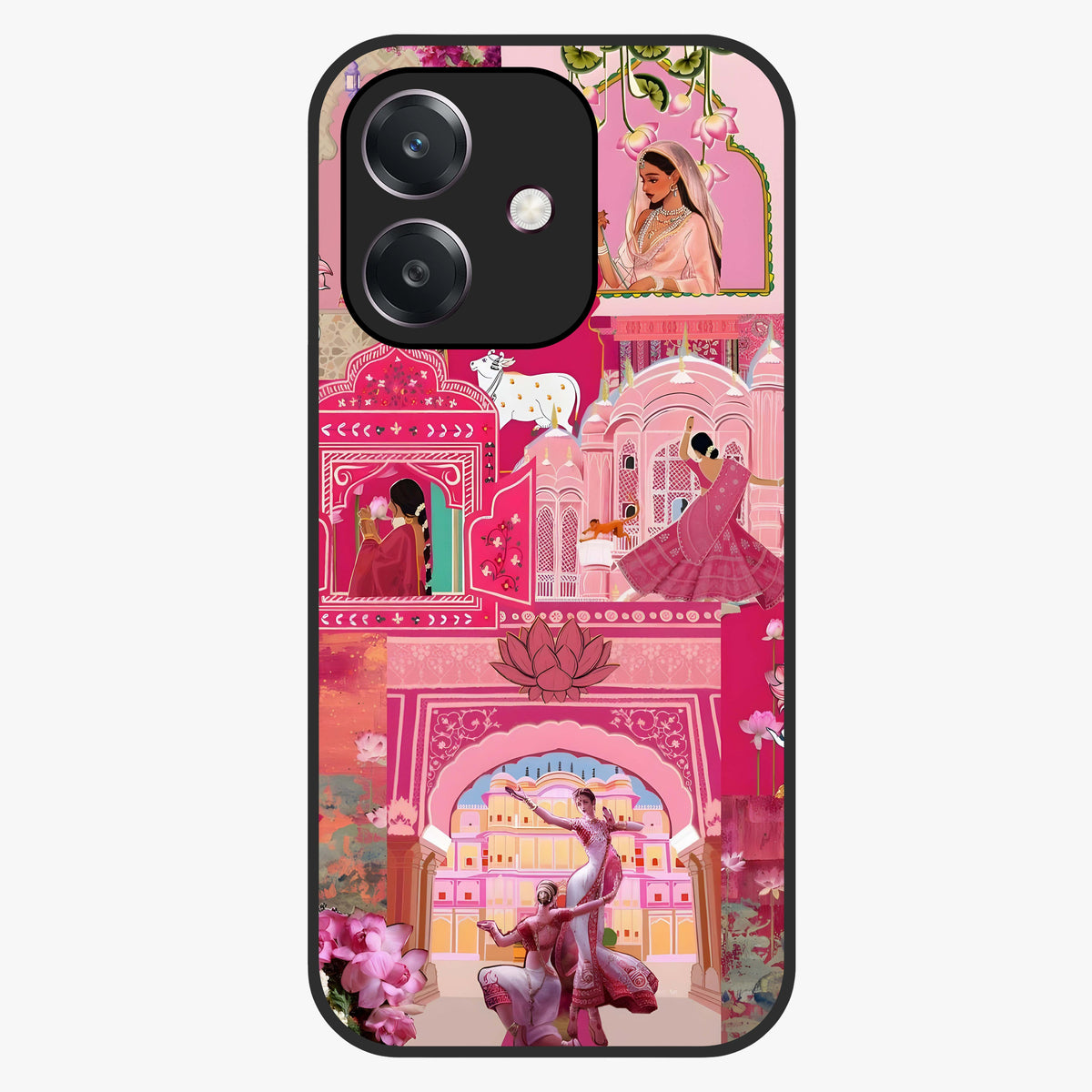 Blossoms of Rajasthan Glass Case showing flat back view with traditional floral artwork inspired by Rajasthan and glossy glass finish.