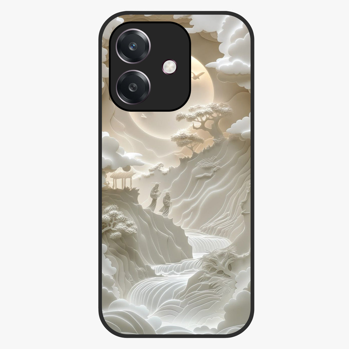 Celestial Origami Glass Case showing flat back view with artistic origami inspired celestial artwork and glossy glass finish.