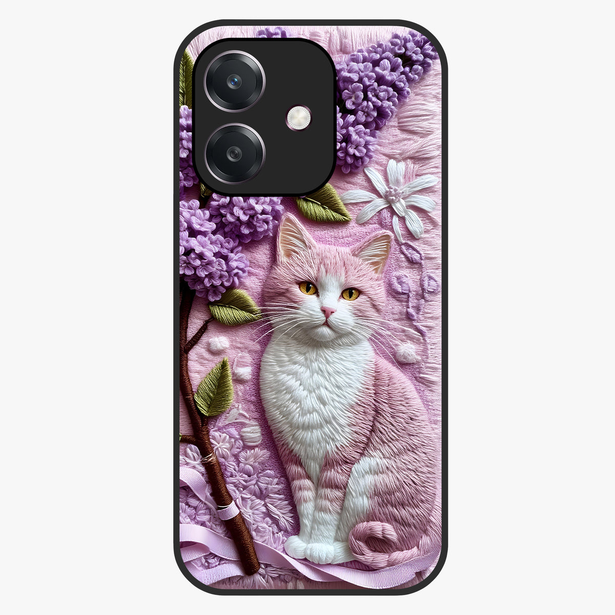 Lavender Cat Whimsy Glass Case showing flat back view with cute lavender cat artwork and glossy glass finish.