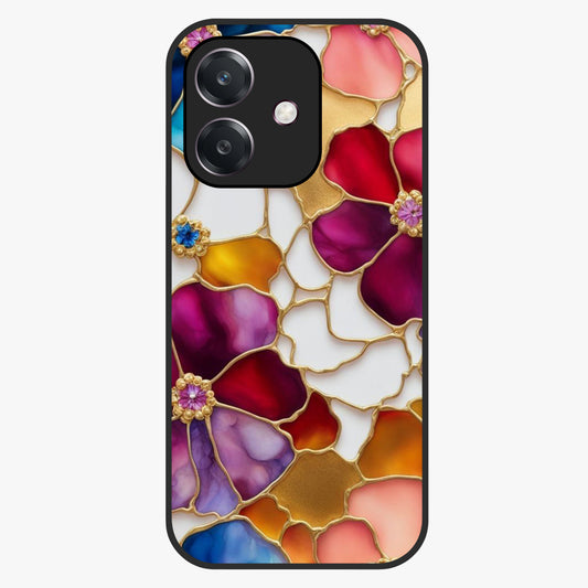 Marble Flower Pattern Glass Case showing flat back view with marble texture floral artwork and glossy glass finish.