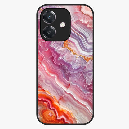 Rose Quartz Marble Glass Case showing flat back view with pink marble quartz texture artwork and glossy glass finish.