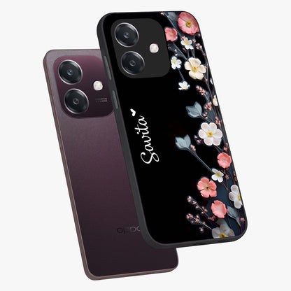 Black Elegance Floral Custom Name Glass Case displayed in angled mockup highlighting dark floral aesthetic and custom name feature.