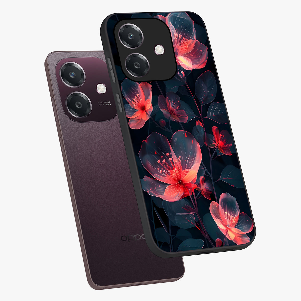 Dark Shade of Flower Glass Case displayed in angled mockup highlighting moody floral illustration with aesthetic dark tones.