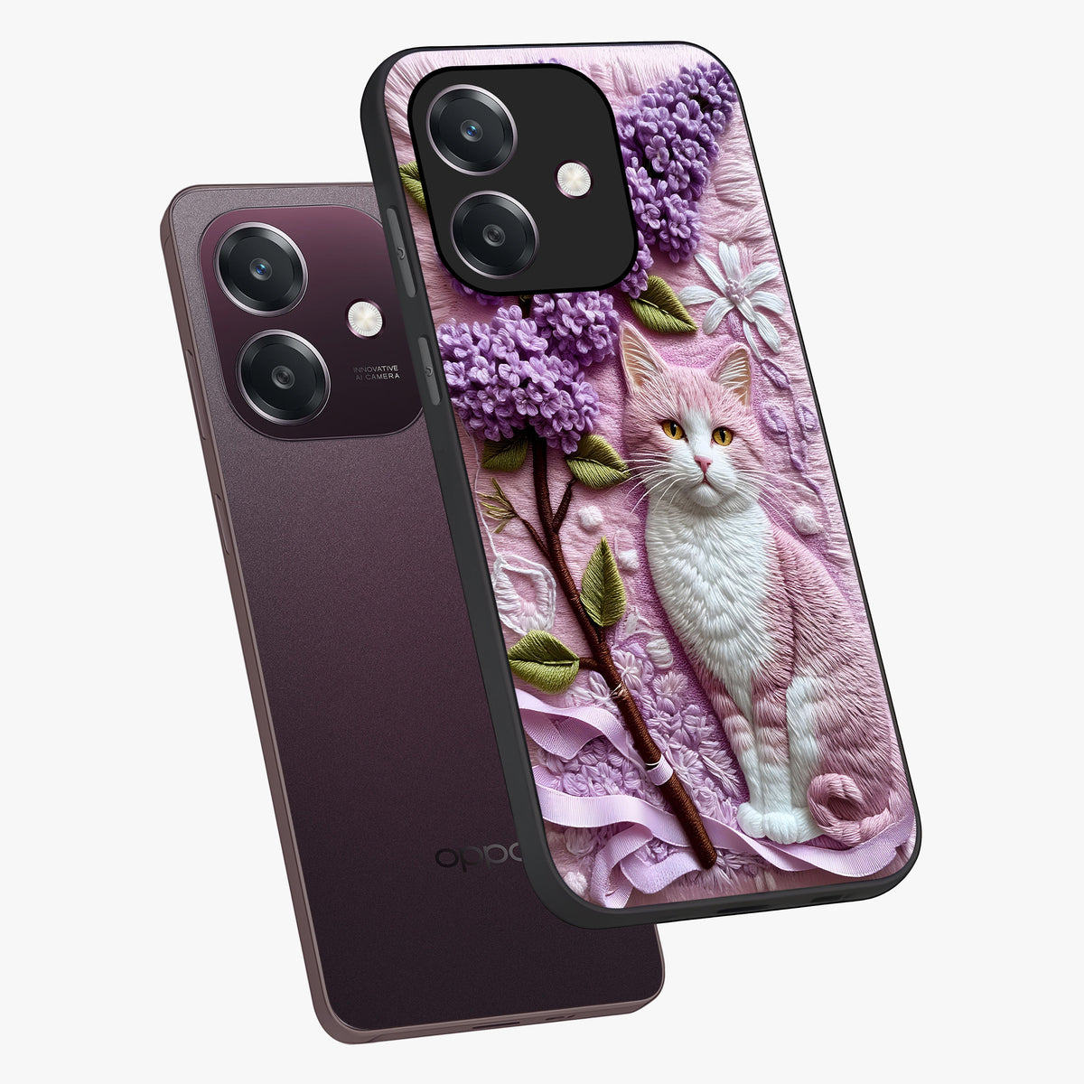 Lavender Cat Whimsy Glass Case displayed in angled mockup highlighting playful feline illustration with pastel lavender aesthetic.