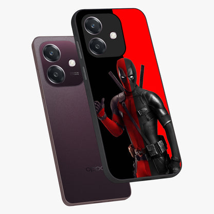 Red & Black Deadpool Theme Glass Case displayed in angled mockup highlighting vibrant superhero style illustration with action aesthetic.