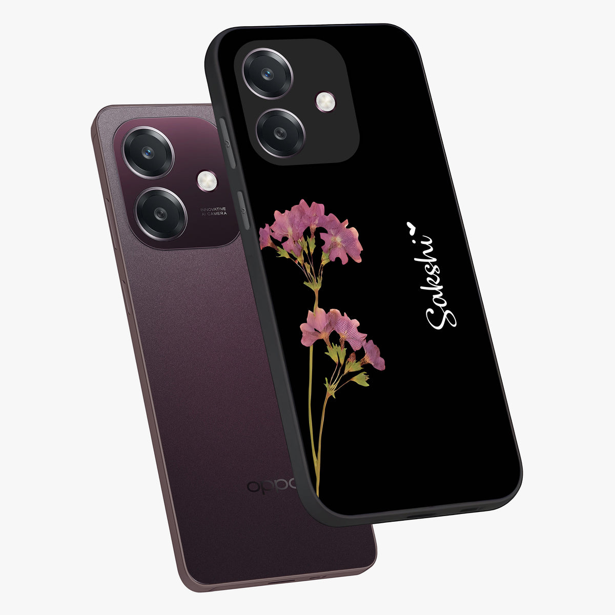 Riching Lavender Flower Custom Name Glass Case displayed in angled mockup highlighting delicate lavender flower design with custom name feature.
