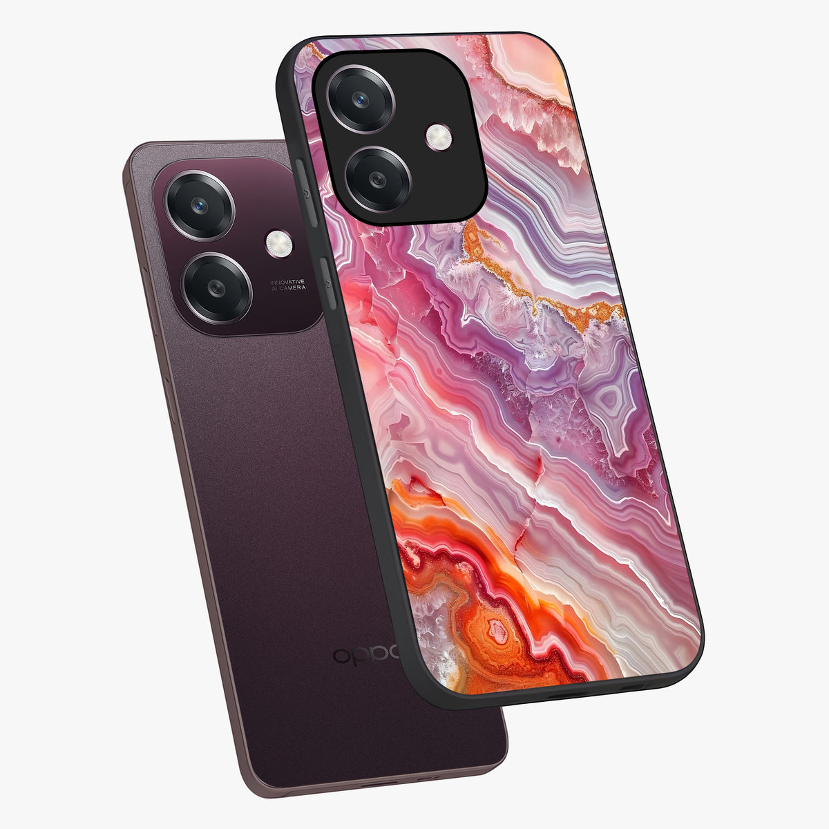 Rose Quartz Marble Glass Case displayed in angled mockup highlighting elegant marble pattern with soft aesthetic style.