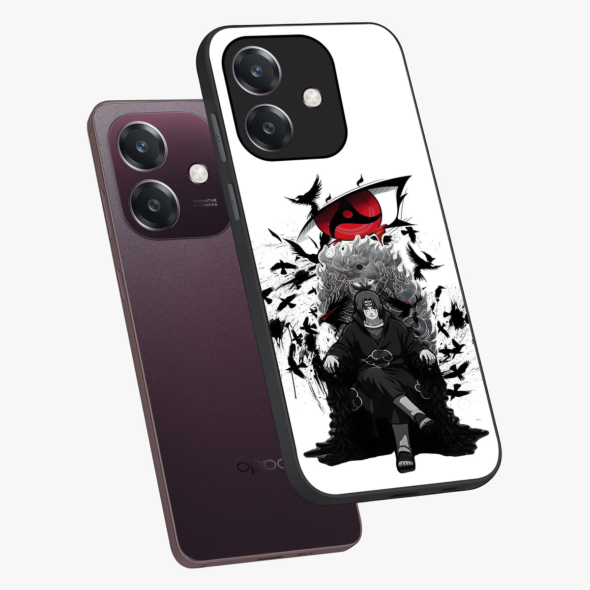 Uchiha Shadow Throne Glass Case displayed in angled mockup highlighting glowing aquatic design with celestial aesthetic.