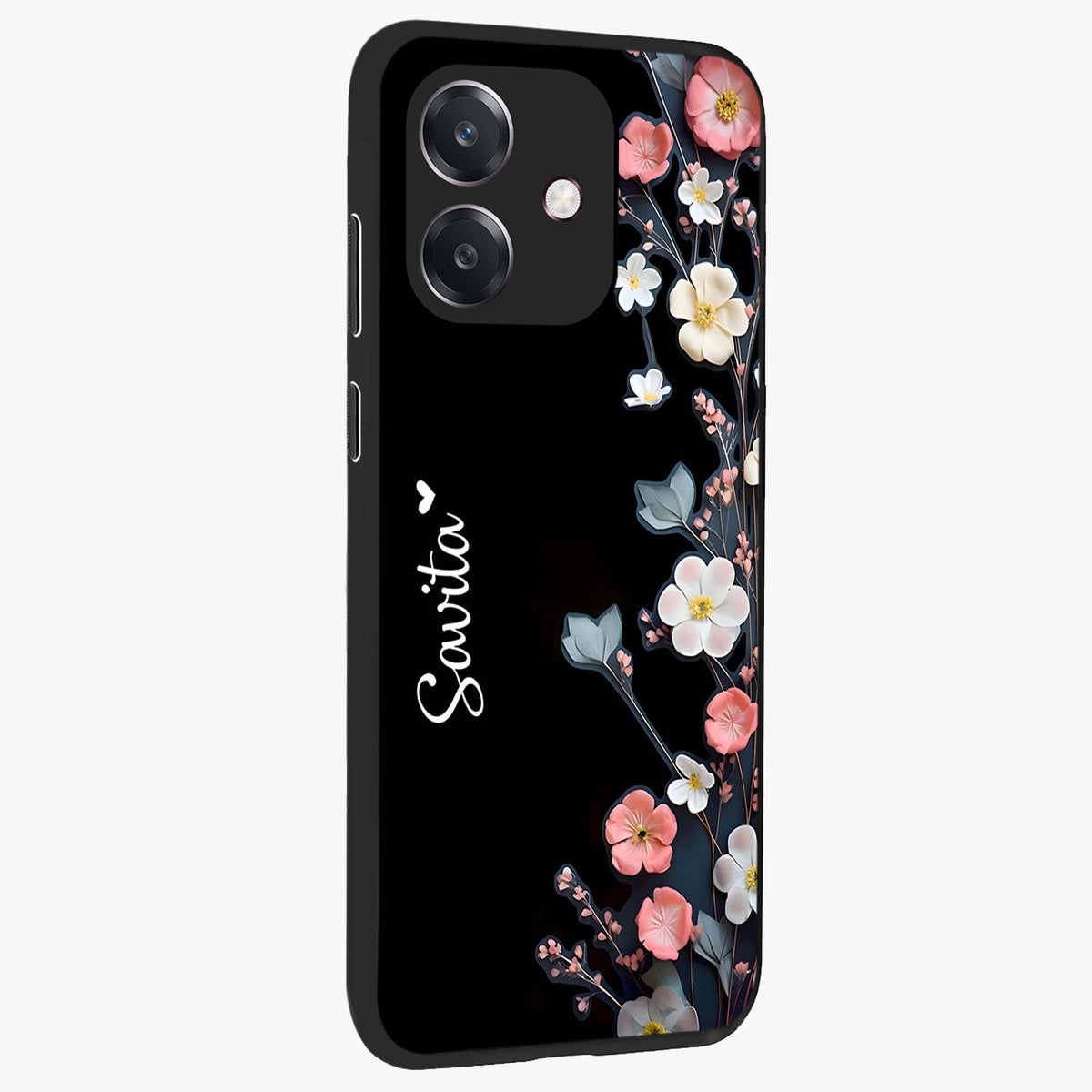 Black Elegance Floral Custom Name Glass Case upright view showcasing luxurious black floral design with personalized name detail.