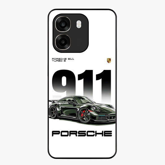 911 Turbo Dominance Glass Case showing clean flat back view with bold 911 sports car artwork and glossy glass finish.