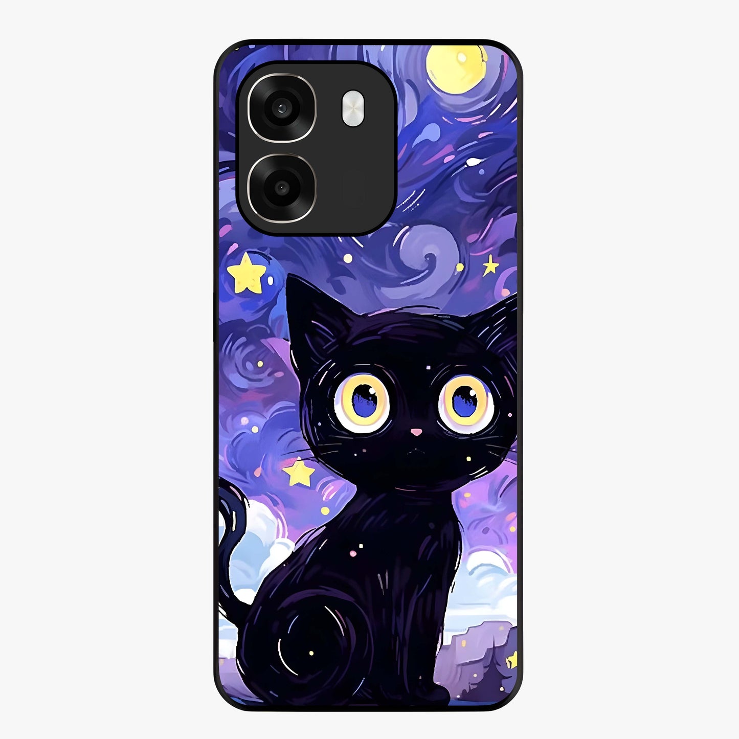 Abstract Cat Art Glass Case showing flat back view with artistic cat illustration and glossy glass finish.