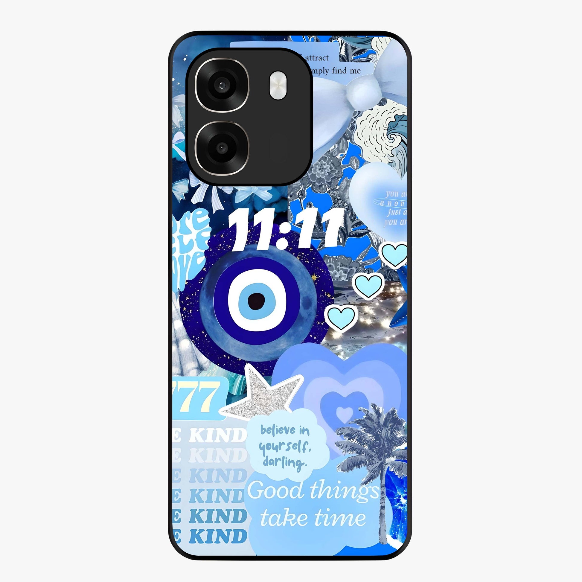 Aesthetic Be Kind Eye Glass Case showing flat back view with motivational eye artwork and glossy glass finish.