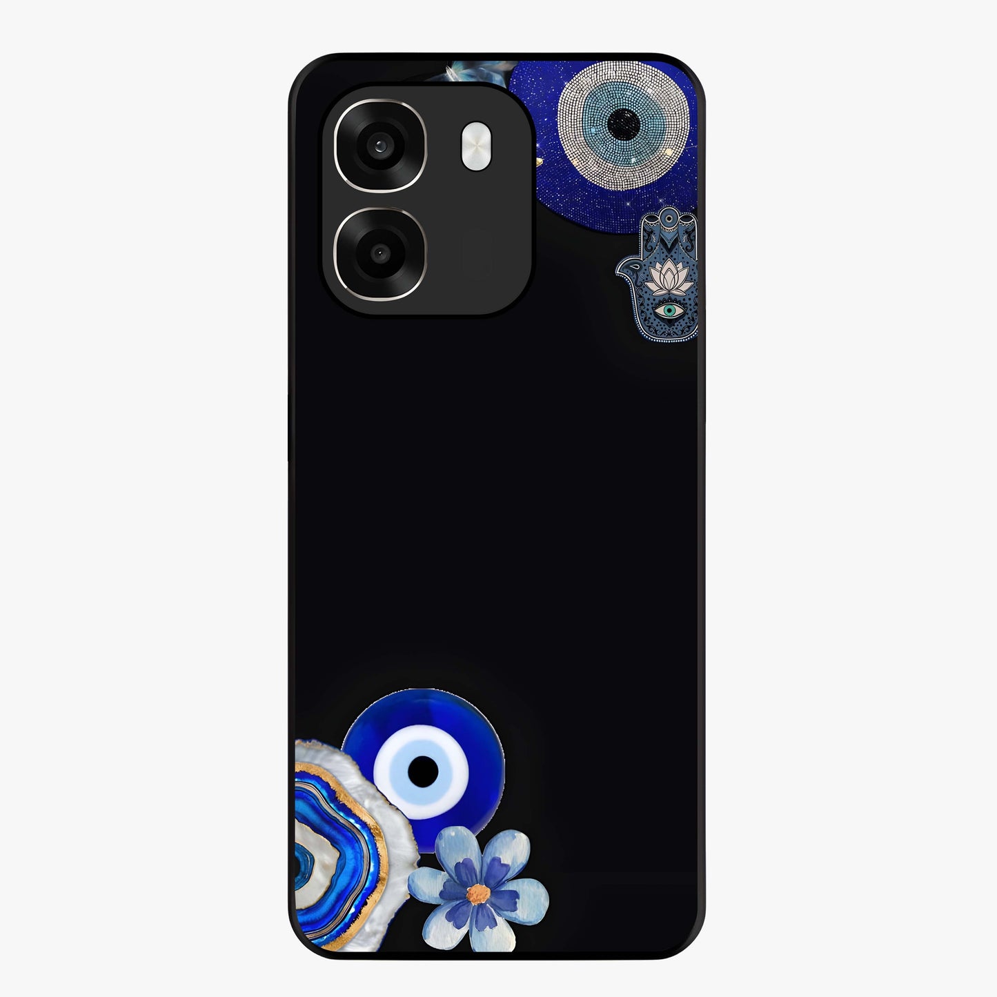 Aesthetic Blue Evil Eye Glass Case showing flat back view with protective evil eye artwork and glossy glass finish.