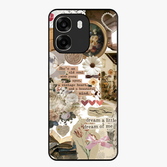 Aesthetic Brown Vintage Collage Glass Case showing flat back view with retro collage artwork and glossy glass finish.