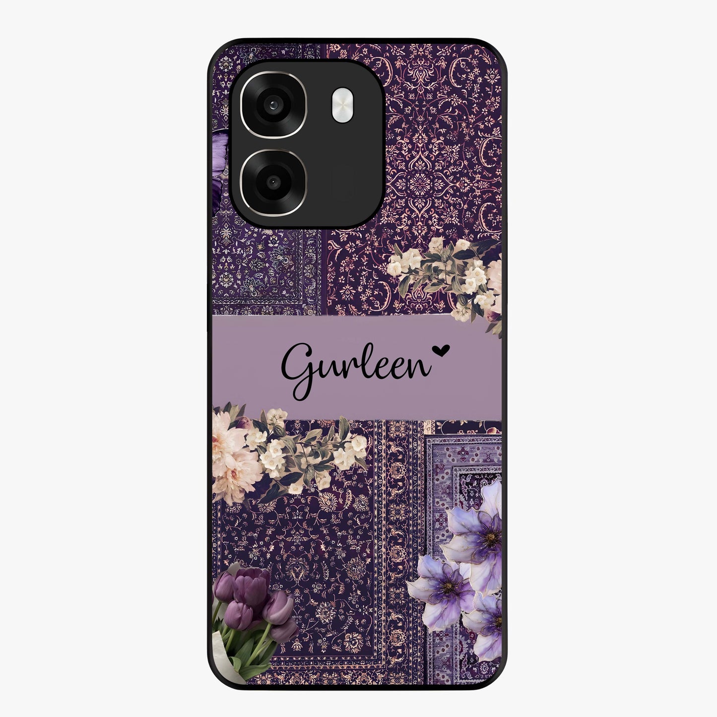 Antique Floral Whisper Custom Name Glass Case showing flat back view with vintage floral artwork and personalized name design.