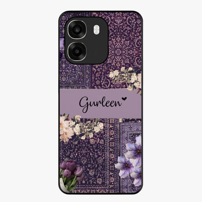Antique Floral Whisper Custom Name Glass Case showing flat back view with vintage floral artwork and personalized name design.