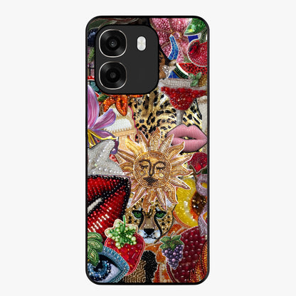 Beaded Fashion Jungle Glass Case showing flat back view with vibrant jungle inspired bead artwork and glossy glass finish.