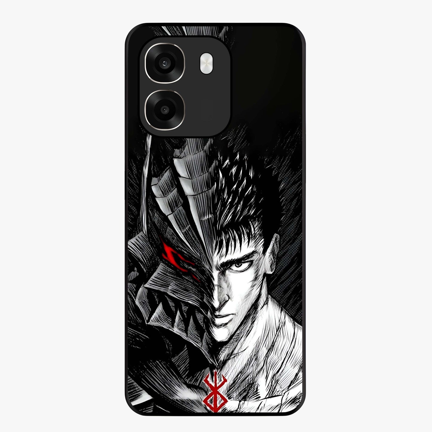 Berserker Blood Oath Glass Case showing flat back view with fierce warrior inspired artwork and glossy glass finish.