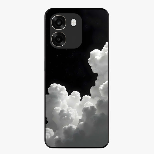 Black Background With White Cloud Glass Case showing flat back view with minimal cloud artwork on dark background and glossy glass finish.