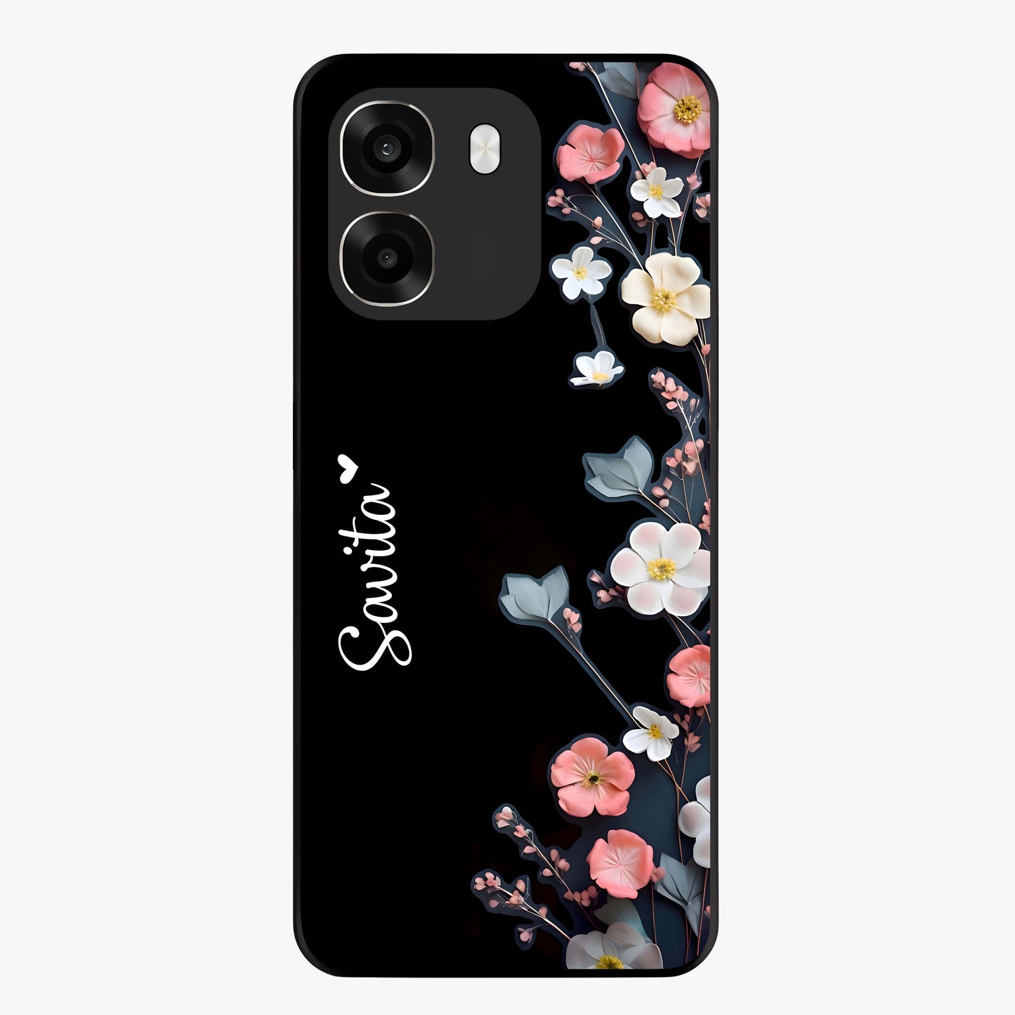 Black Elegance Floral Custom Name Glass Case showing flat back view with elegant floral artwork and personalized name design.