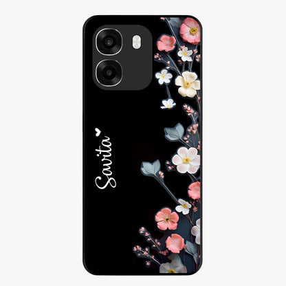 Black Elegance Floral Custom Name Glass Case showing flat back view with elegant floral artwork and personalized name design.