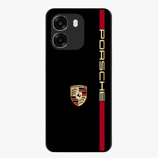 Black Minimal Porsche Glass Case showing flat back view with sleek minimal sports car artwork and glossy glass finish.