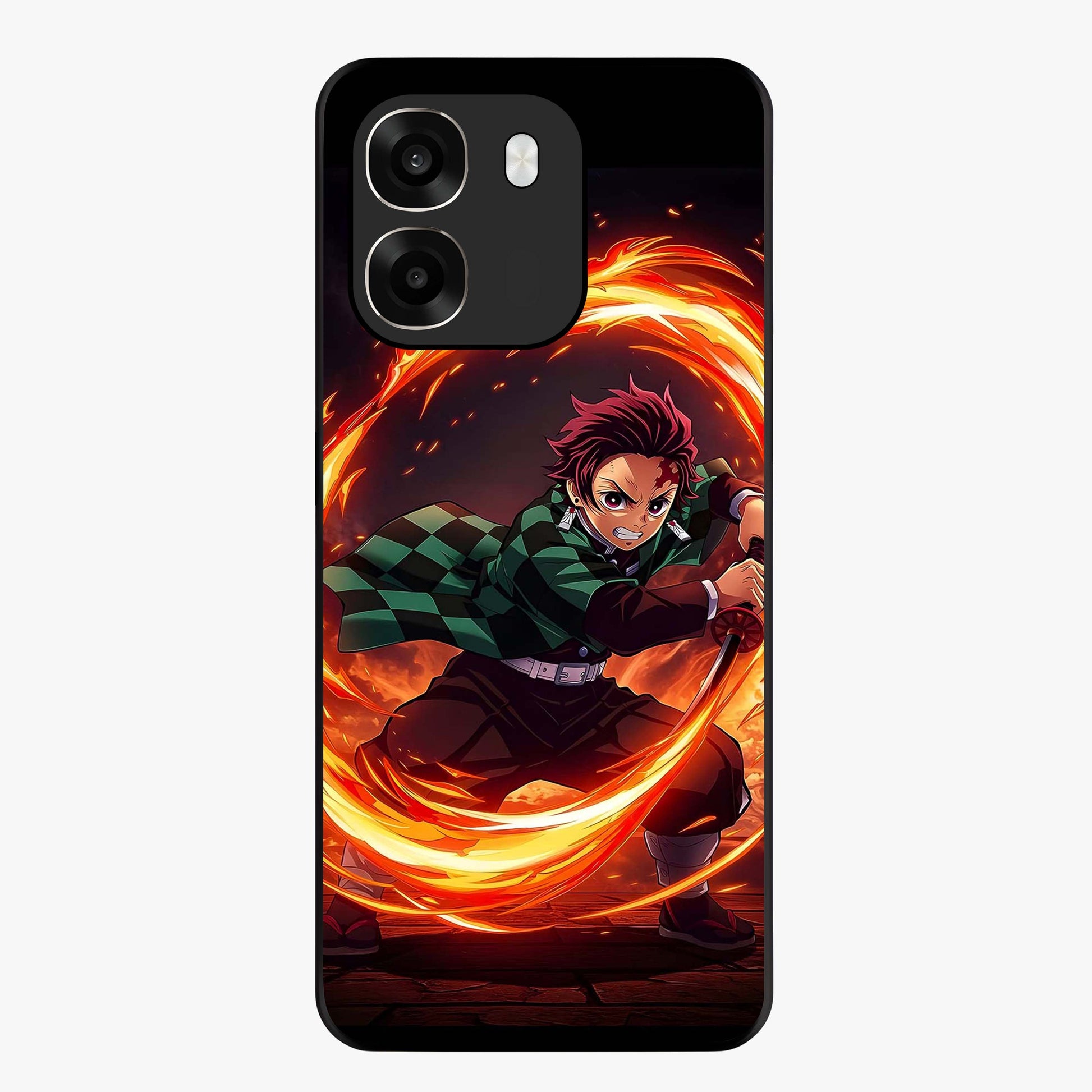 Blazing Sword Resolve Glass Case showing flat back view with fiery sword artwork and glossy glass finish.