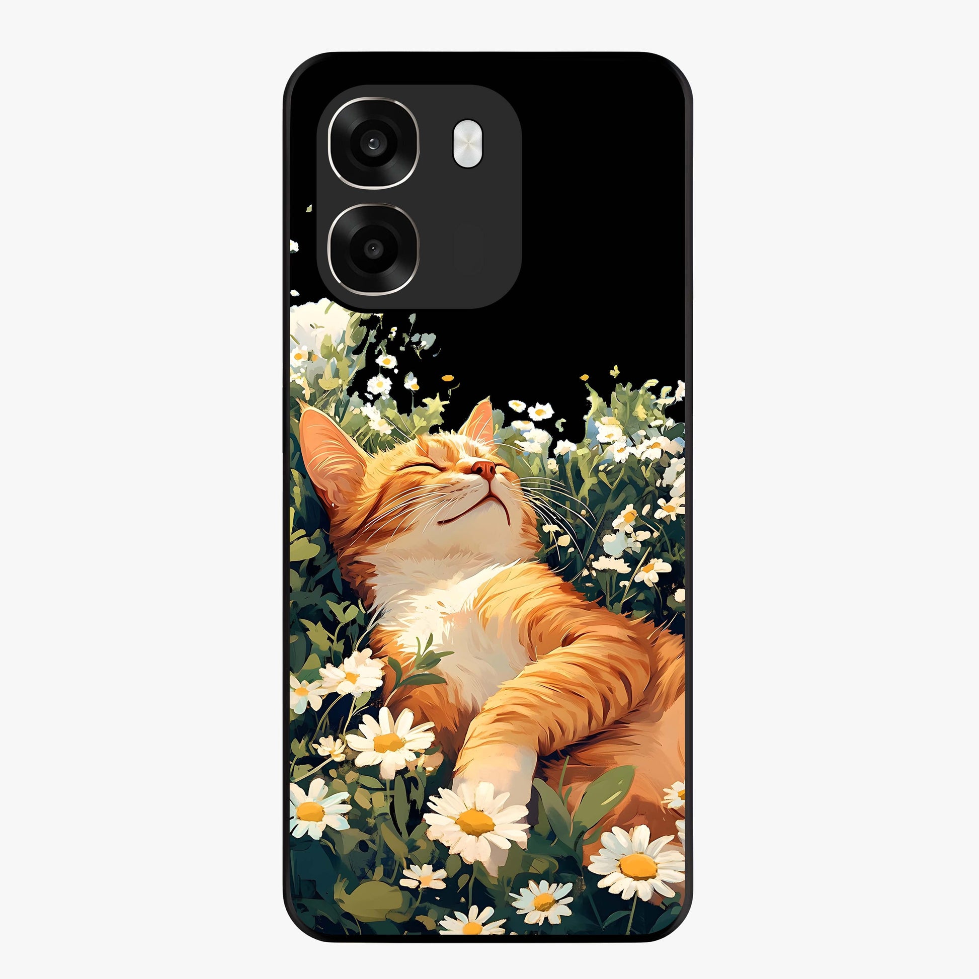 Blissful Bloom Cat Glass Case showing flat back view with cute cat and floral bloom artwork and glossy glass finish.