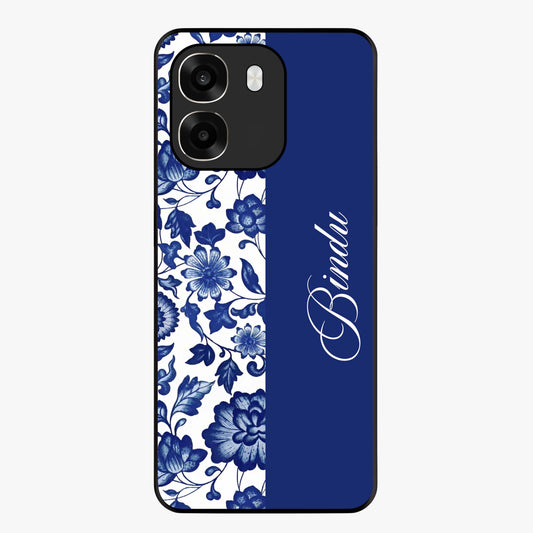 Blue Vintage Floral Pattern Glass Case upright view showcasing timeless floral illustration with vintage inspired style.