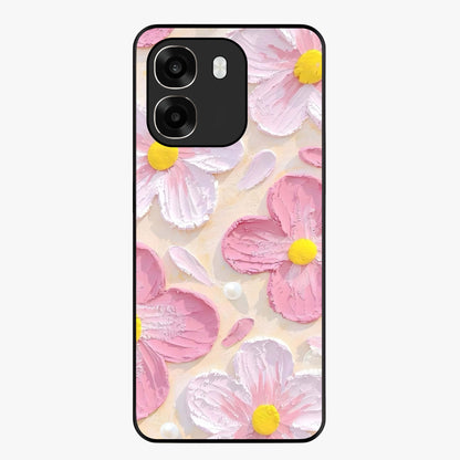 Blush Bloom Texture Glass Case showing flat back view with soft blush floral texture artwork and glossy glass finish.