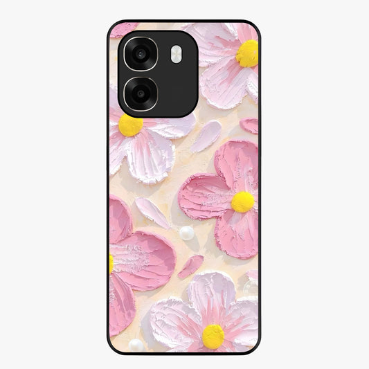 Blush Bloom Texture Glass Case showing flat back view with soft blush floral texture artwork and glossy glass finish.