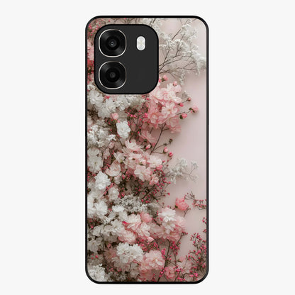 Blush Blossom Cloud Glass Case showing flat back view with dreamy blush cloud blossom artwork and glossy glass finish.