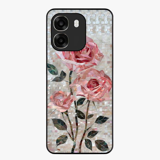 Blush Mosaic Bloom Glass Case showing flat back view with mosaic floral bloom artwork and glossy glass finish.