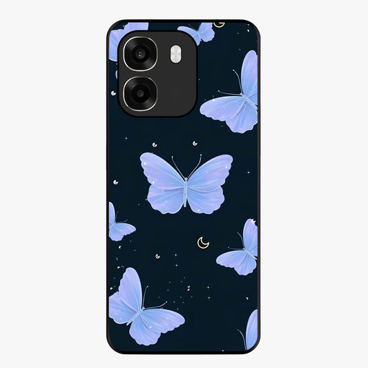 Butterfly With Stars Pattern Glass Case showing flat back view with butterfly and star pattern artwork and glossy glass finish.