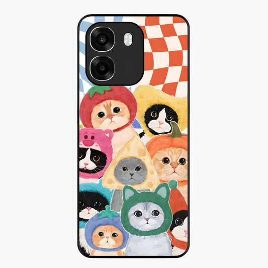 Cats in Fruits Glass Case showing flat back view with playful cat illustrations inside fruit artwork and glossy glass finish.