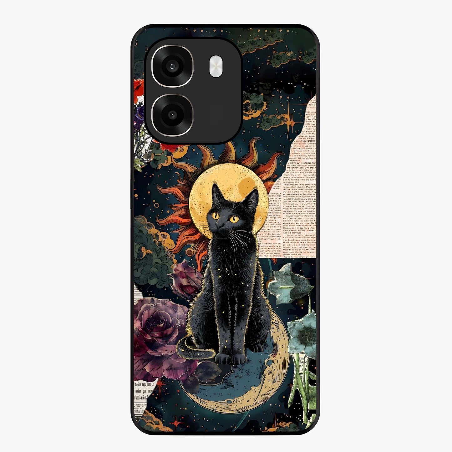 Celestial Black Cat Glass Case showing flat back view with mystical black cat artwork and glossy glass finish.