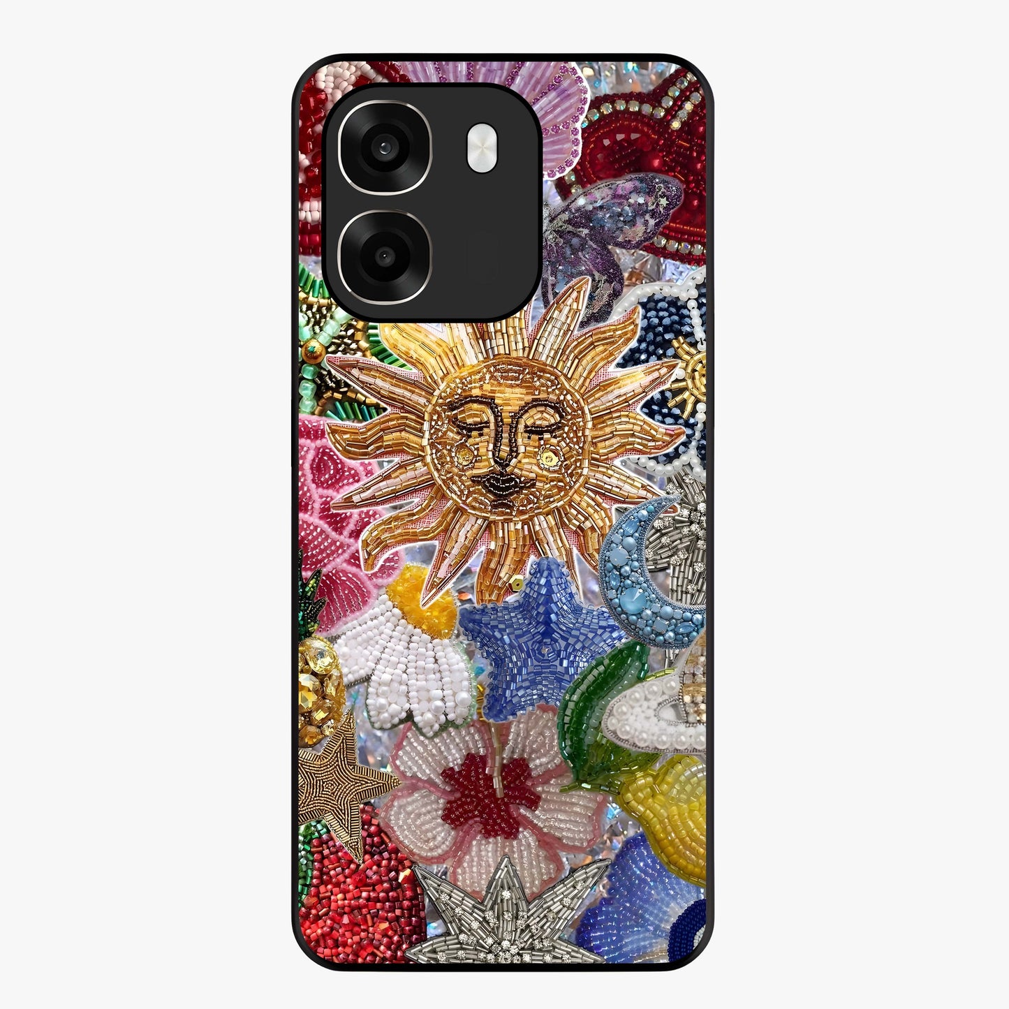 Celestial Floral and Playful Glass Case showing flat back view with floral and celestial themed artwork and glossy glass finish.