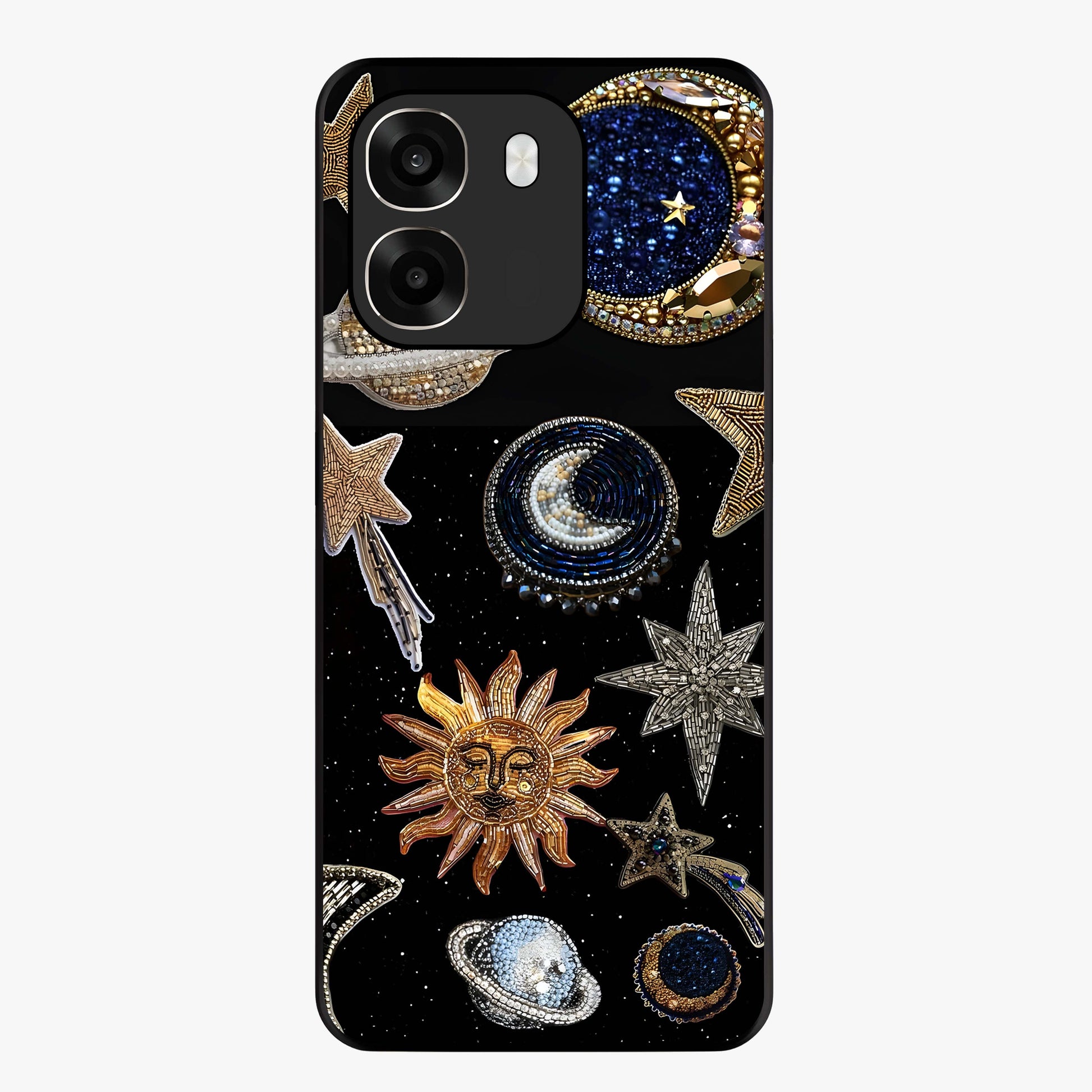 Celestial Gem Constellations Glass Case showing flat back view with sparkling constellation artwork and glossy glass finish.
