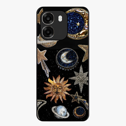 Celestial Gem Constellations Glass Case showing flat back view with sparkling constellation artwork and glossy glass finish.