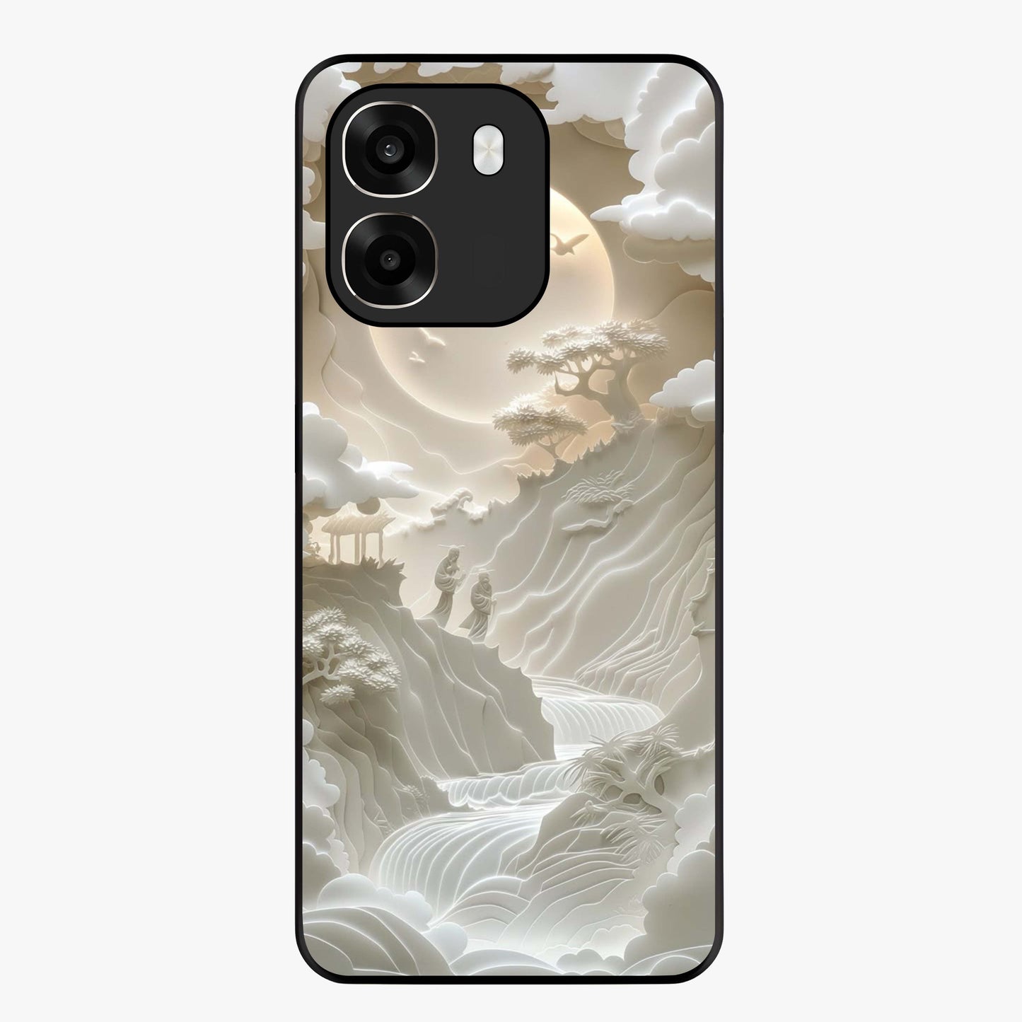 Celestial Origami Glass Case showing flat back view with artistic origami inspired celestial artwork and glossy glass finish.