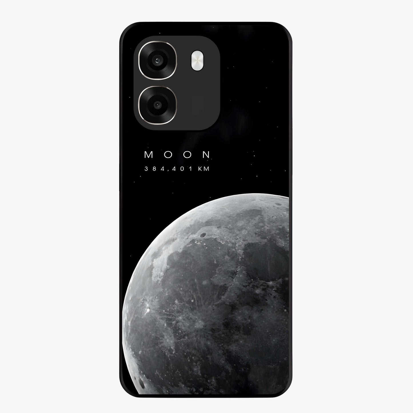 Cosmic Moon Glow Glass Case showing flat back view with glowing moon artwork and glossy glass finish.