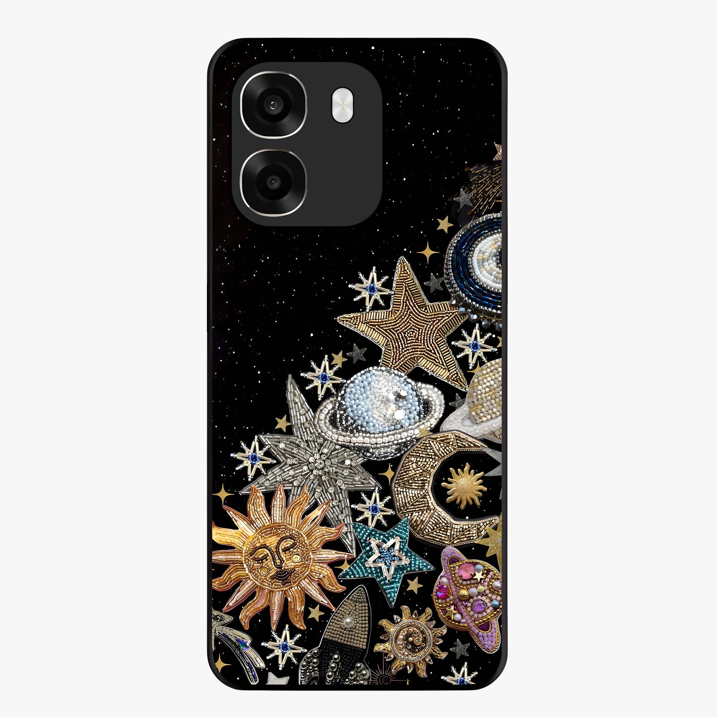 Cosmic Sparkle Dreams Glass Case showing flat back view with sparkling cosmic artwork and glossy glass finish.