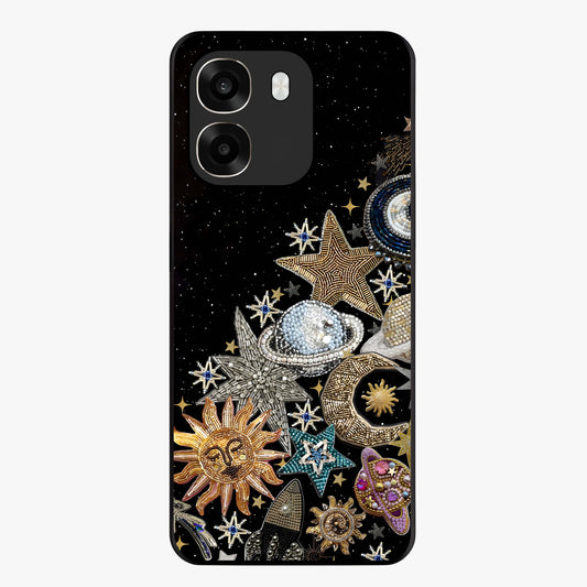 Cosmic Sparkle Dreams Glass Case showing flat back view with sparkling cosmic artwork and glossy glass finish.