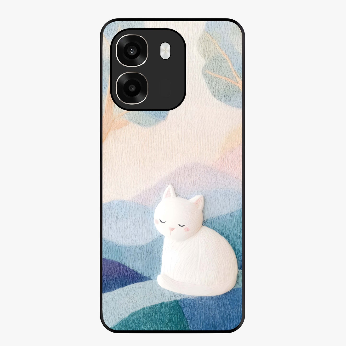 Cotton Dream Cat Glass Case showing flat back view with soft dreamy cat artwork and glossy glass finish.