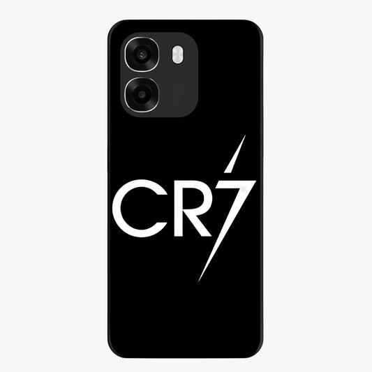 Cr7 Elite Strike Glass Case showing flat back view with dynamic football inspired artwork and glossy glass finish.
