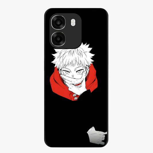 Crimson Chaos Smile Glass Case showing flat back view with bold chaotic smile artwork and glossy glass finish.