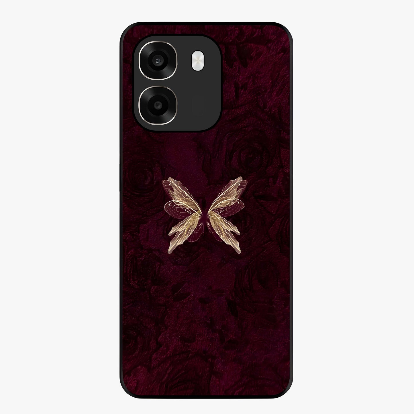 Crimson Fade Butterfly Glass Case showing flat back view with fading butterfly artwork and glossy glass finish.