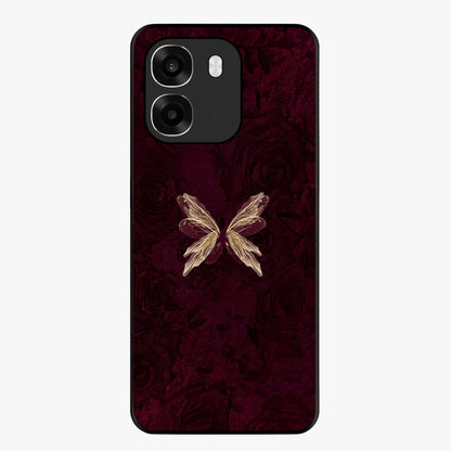 Crimson Fade Butterfly Glass Case showing flat back view with fading butterfly artwork and glossy glass finish.